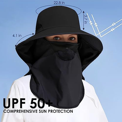 Outdoor Sun Hat Detachable Neck Face Flap UPF 50+UV Protection Visor Fishing Hats with Neck Flap for Men & Women - color: Black