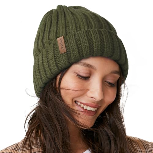 Fleece Lined Beanie Cable Knit Chunky Beanies Womens Snow Cap - color: Green