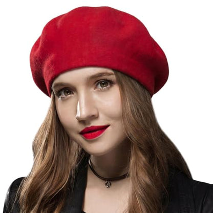 Sumolux Women Beret Hat French Beret Beanie Cap Classic Solid Color - color: Red, size: Large