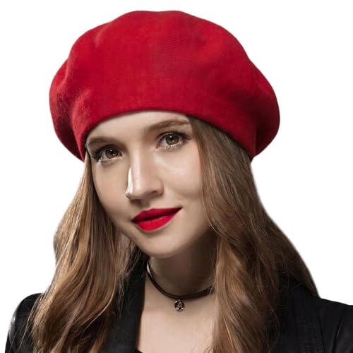 Sumolux Women Beret Hat French Beret Beanie Cap Classic Solid Color - color: Red, size: Large