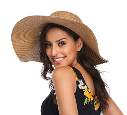 Lanzom Womens Wide Brim Straw Hat Big Floppy Foldable Roll up Cap Beach Sun Hat UPF 50+ - color: String-khaki