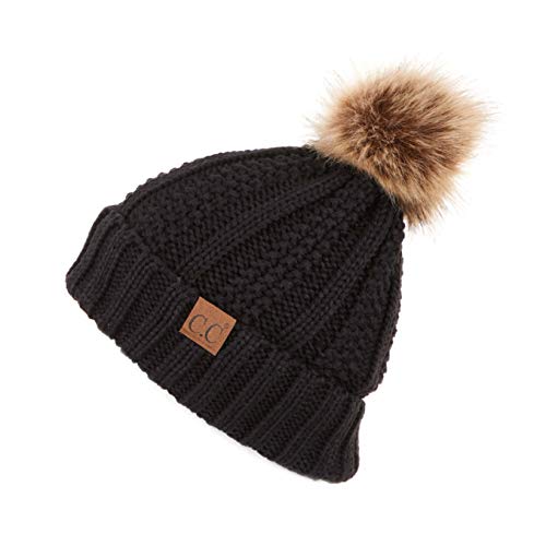 C.C Exclusives Fuzzy Lined Knit Fur Pom Beanie Hat (YJ-820) - color: Black