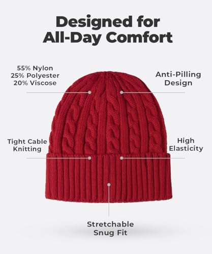 Revony Cable Knit Cuff Beanie for Women – Soft, Cute & Perfect for Everyday Winter Wear - color: Red