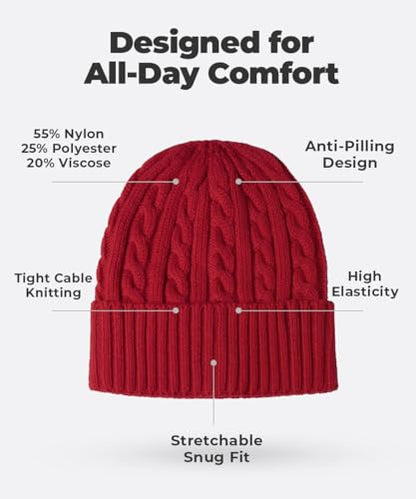 Revony Cable Knit Cuff Beanie for Women – Soft, Cute & Perfect for Everyday Winter Wear - color: Red