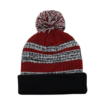 Winter Knit Beanie Hat with Pom Pom – Warm Cuffed Slouch Ski Cap for Men & Women - color: 3.black/Burgundy