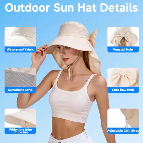 Womens Ponytail Hole Sun Hat with Neck Flap Outdoor UPF 50+ - color: Beige