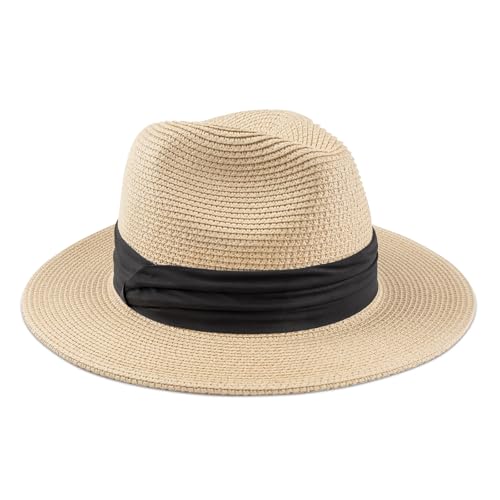 AQOKKA Summer Straw Fedora Hat for Women Men Travel Panama Hat with Wide Brim Roll Up Sun Hat for Beach Outdoor UPF 50+ - color: Beige A: 1 Pack