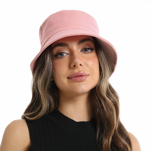 Wheebo Solid Color Bucket Hat for Women Summer Beach Fishmen Hat for Lady Adult Unisex Cotton Cap…… - color: A-sc-peach
