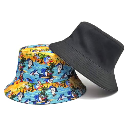 Quanhaigou Bucket Hats Unisex Summer Travel Beach Fisherman Cap for Men Women Teens - color: Cartoon Shark