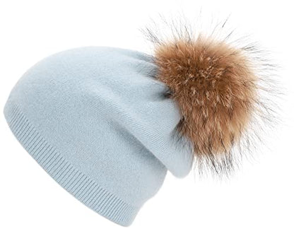 Women's Double Layer Winter Slouchy Knit Beanie Hat with Real Fur Pom Pom - color: Blue