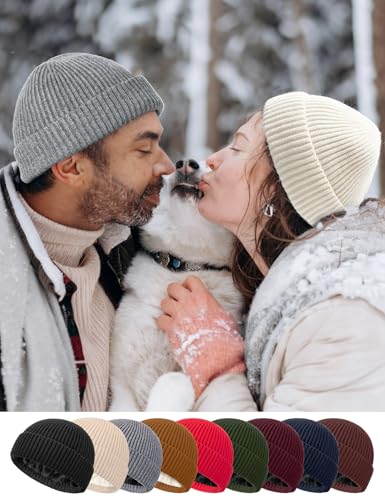 Fleece Lined Wool Short Fisherman Beanie Men Women Cuff Winter Hat - color: 1pc-beige