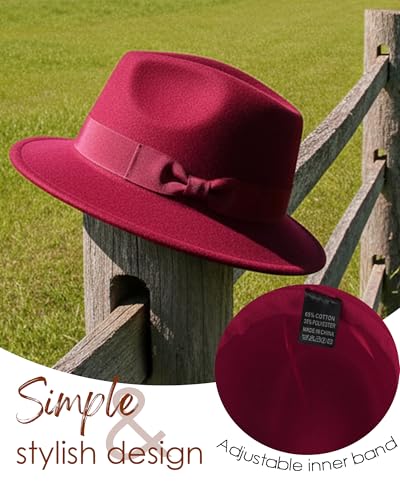 Fedora Hats for Men Women 1920s Short Brim Felt Trilby Hat - color: Wine Red