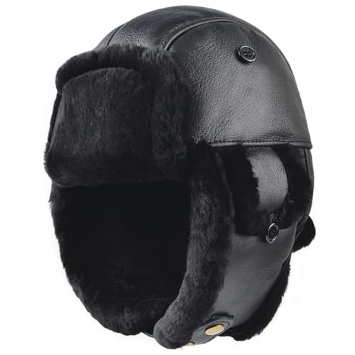 Harssidanzar Aviator Hat for Men Women Genuine Sheepskin Shearling Leather Winter Warm Trapper Hat CU603US - color: Solid Black, size: Small