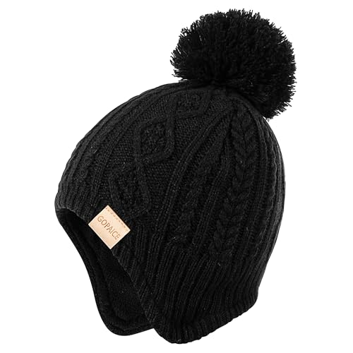 Kids Winter Beanie Hat and Scarf Set with Pom Pom for Girls, Children's Thick Ski Cap with Earflap Fleece Lined Hat 3-9 Years - color: Black