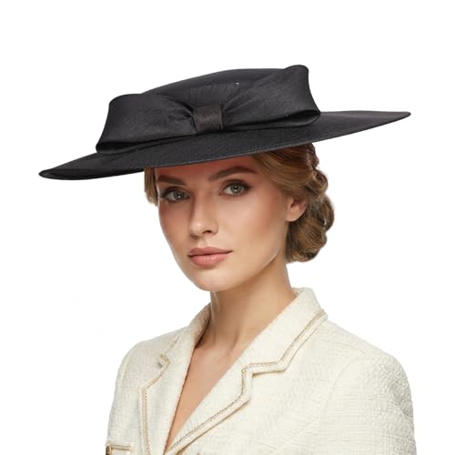 Fascinators Women Wide Brim 20s 50s Derby Pillbox Hat Bowknot Cocktail Tea Party Church Dress Hats - color: Black