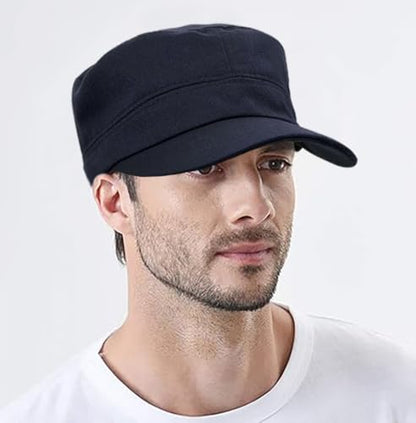Washed Cotton Flat Top Military Cap for Unisex - color: Navy Blue