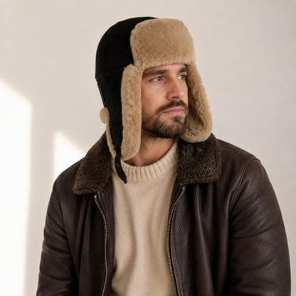 Handmade Sheepskin Leather Trapper Hat – Aviator Cap with Fur Lined Ear Flaps, Shearling Russian Ushanka Winter Hat - color: Chocolate, size: Medium