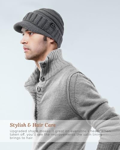 Hat Hut Beanie Hats for Women Men Satin Lined Winter Hats for Women Slouchy Beanies Satin Lined Beanie with Brim Visor - color: Grey Heather