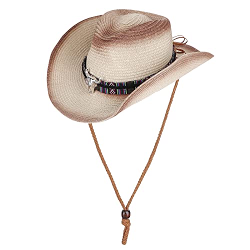 Straw Cowboy Sun Hat for Men Women Summer Fedora Beach Panama Western Cap - color: Coffee