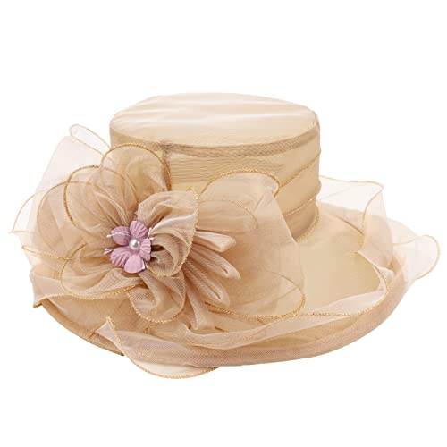 AQOKKA Women Organza Church Fascinators Kentucky Derby Hats for Women and Girls Wedding Flower Tea Party Hat with Wide Brim - color: Simulated Flower : Khaki
