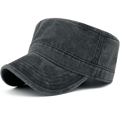 Loneshark Washed Cotton Military Hat Cadet Cap Army Flat Top Basic Everyday - color: Black, size: Medium-Large