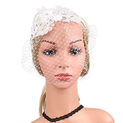 Beaupretty Womens Fascinators Hat Bridal Wedding Veil Mesh Lace Headband Tea Party Headwear Fascinator Veil Headband - color: White