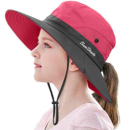 LCZTN Kids Ponytail Sun Hat Wide Brim UV Protection for Girls Beach Bucket Cap - color: Watermelon Red, size: Small