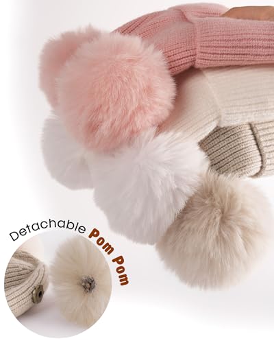 FURTALK Baby Winter Hat Pom Pom Beanie with Fleece Lined Toddler Warm Cap - color: White+light Khaki, size: 0-6 Months