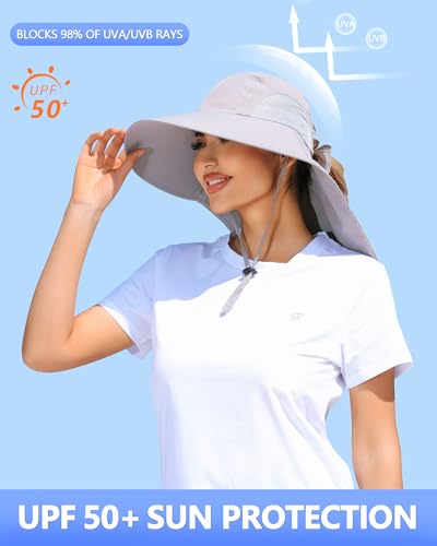 Womens Sun Hat Outdoor UV Protection Wide Brim Fishing Hat with Ponytail Hole Neck Flap for Beach Hiking Camping - color: Sun Hat-light Gray
