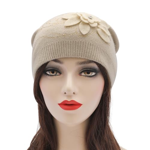 ZLYC Women Floral Slouchy Beanie Hat Double Layer Winter Knit Skull Cap - color: Flower Beige