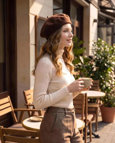 French Beret Hats for Women Men - Classic Wool Beanie Winter Cap - color: Chocolate