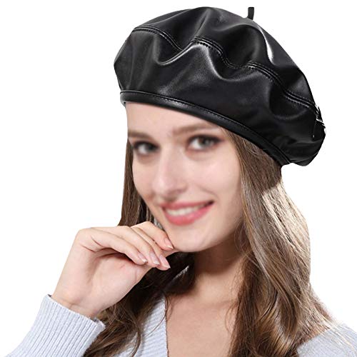 Women Soft PU Leather Beret French Style Artist Painter Hat with Top Stem - color: Black01