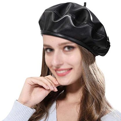 Women Soft PU Leather Beret French Style Artist Painter Hat with Top Stem - color: Black01