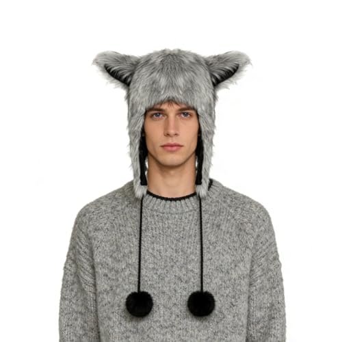 PURFUN Fuzzy Faux Fur Full Hood Trapper Hats with Animal Ear, Adults Halloween Cosplay Roleplay Cat Wolf Ear Hooded Hats - color: Grey