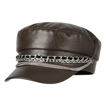Women Metal Chain Flat Top PU Leather Newsboy Paperboy Hat Painter Cap - color: Chains Brown Coffee