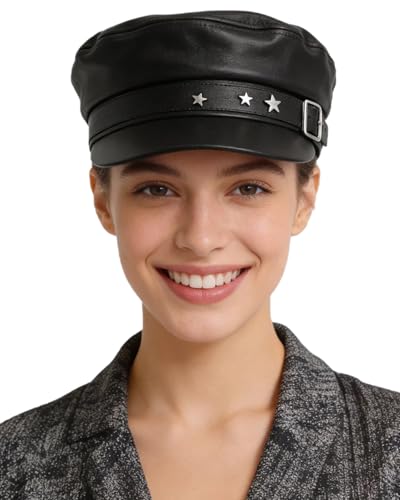 BOLLEY JOSS Womens Fashion Newsboy Cap Faux Leather Bakerboy Hat Stars Buckle Beret Paperboy Fiddler Captain Sailor Hats - color: Black