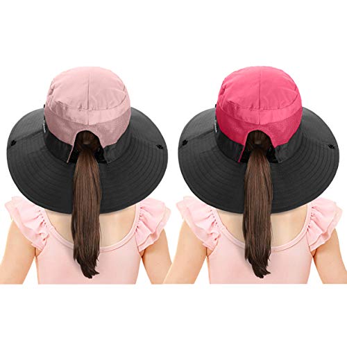 2 Pieces 5-14Y Kids Summer Sun Hat Wide Brim UV Protection for Girls Ponytail Beach Bucket Cap - color: Watermelon Red＆pink