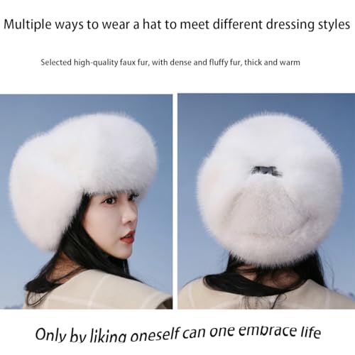 Women's Fluffy Trapper Hat, Long Pile Faux Fur Ushanka hat with Buckle, Luxurious Mink-Style Winter Warm Hat - color: White