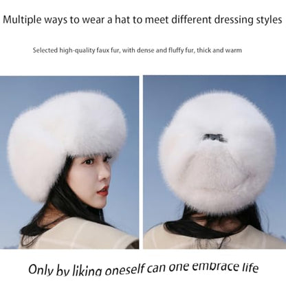 Women's Fluffy Trapper Hat, Long Pile Faux Fur Ushanka hat with Buckle, Luxurious Mink-Style Winter Warm Hat - color: White