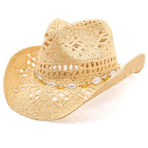 WQWOVRVO Cowboy Hat,Cowgirl Hat,Cowboy Hats for Women/Mens/Straw Wide with Shapeable Brim Cowboy Hat for Womens/White/Black. - color: Yellow and Shell