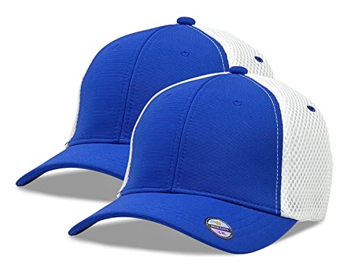 [2 Pack] Hybrid Stretch-Fitted Trucker Cap, Baseball Cap with Air Mesh - color: 2pk Blue/White (Air Mesh), size: Small-Medium