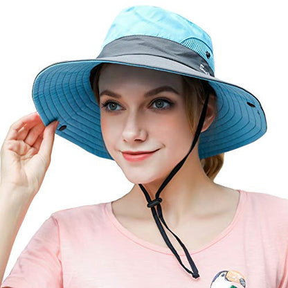 Muryobao Women's Ponytail Sun Hat UV Protection Foldable Mesh Wide Brim Beach Fishing Hat - color: Sky Blue