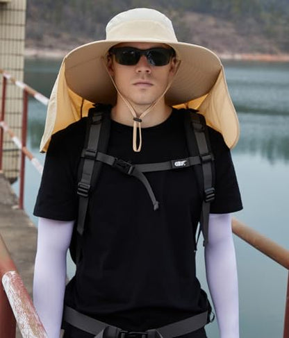 HUAMULAN Women Men Wide Brim Sun Hat Hiking Fishing Hats with Neck Flap - color: Beige With Mesh Panel