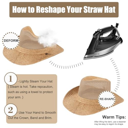 Wide Brim Straw Panama Hat Fedora Beach Sun Hat UPF50+ Unisex Fishing Hats - color: Khaki