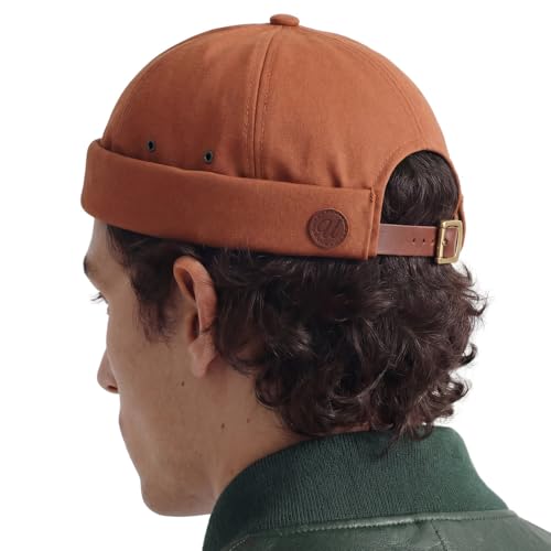 UNDERCONTROL Vintage Brimless Sailor Fisherman Leon Hat Miki Skull Docker Leather Strap Beanie Cap for Men & Women Korea - color: Brick