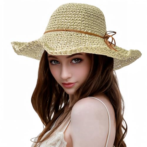Womens Straw Beach Sun Hats, Foldable Packable Floppy Handmade Crochet Hats - color: Beige-c