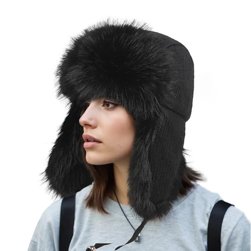 Women Winter Trapper Hat Knit Beanie Hat Faux Fur Plush Lined Earflap Thick Warm Skiing Skating Hunting Cap Headwear - color: Black