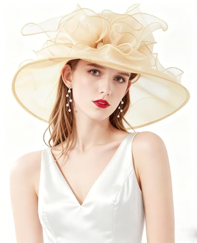 Women Derby Fascinator Hat Organza Church Wedding Hats Wide Brim Cocktail Tea Party Hat - color: 14 Beige