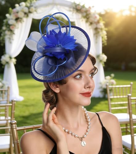 SAFERIN Elegant Women's Fascinator Hat with Veil and Feather Hair Clip Headpiece for Weddings Tea Party - color: 59-sapphire Blue