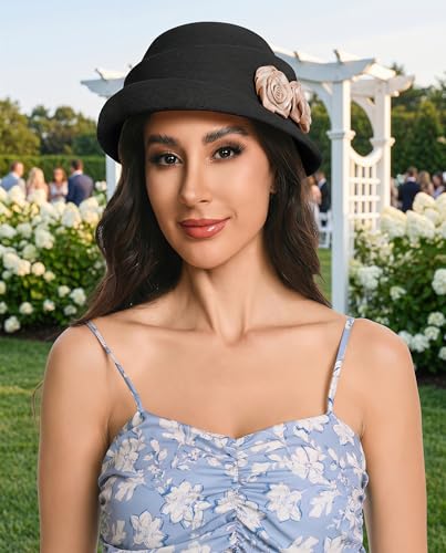Women's Vintage Floral Cloche Hat,Lightweight Rolled Brim Bucket Hat,Adjustable Summer Sun Hat for Beach Picnic - color: Black